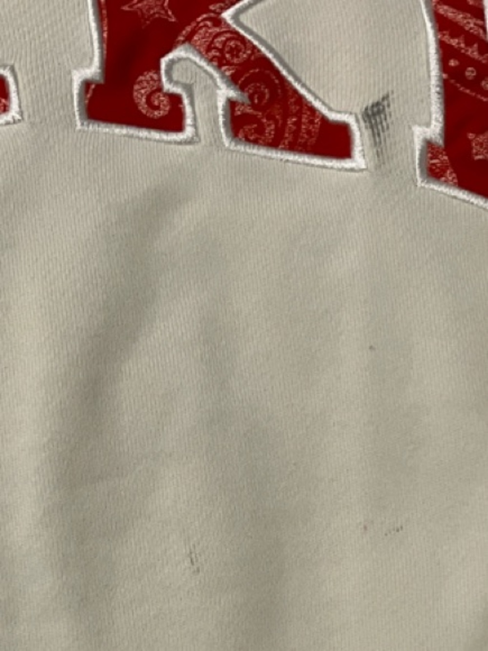 Parke L/XL Cream Heritage Varsity Mock Neck with Red Paisley/Bandana Letters - Picture 4 of 5
